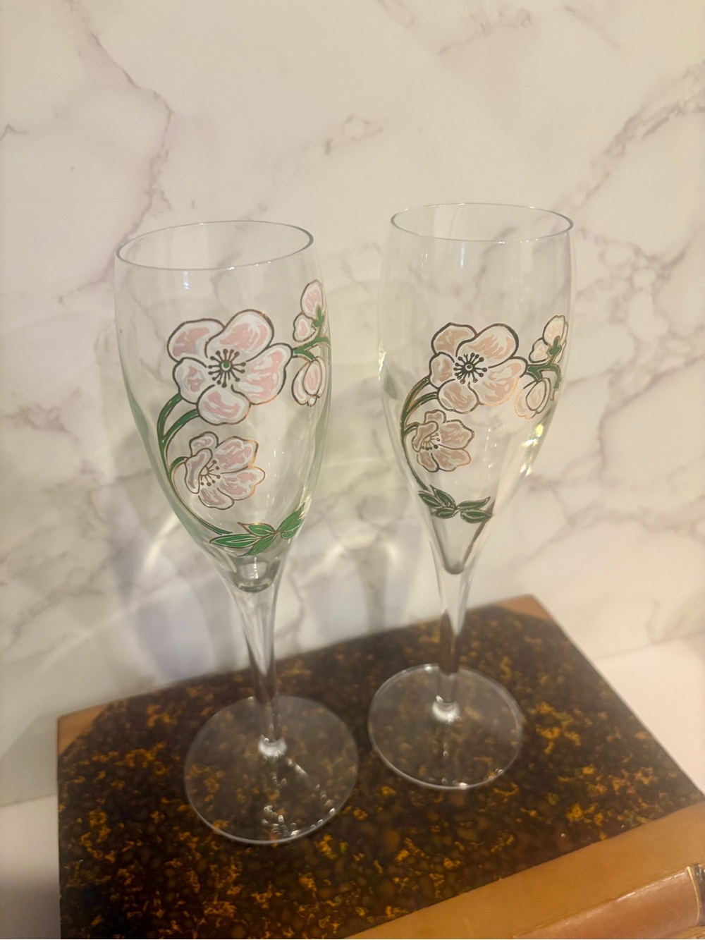 Pair of Pierre Jouette Hand-Painted Champagne Flutes – Pink & Green Florals